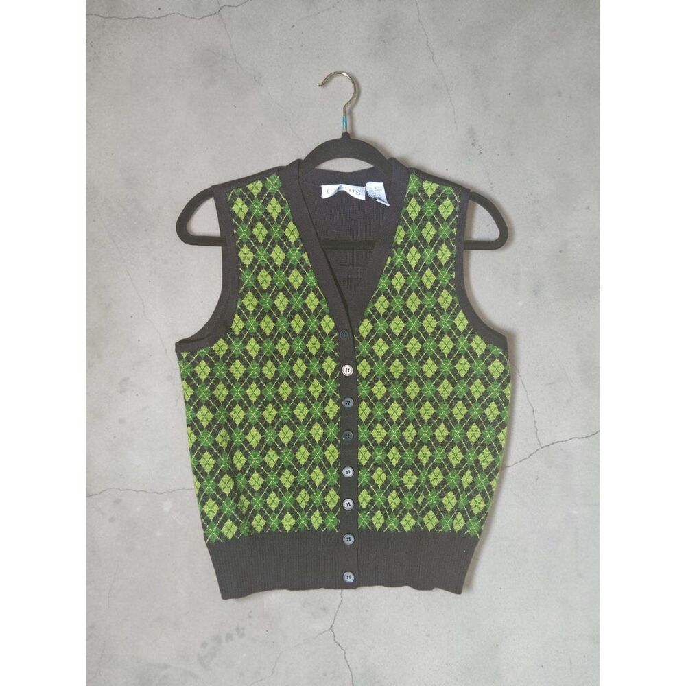 Vintage 90s Chaus Green & Black Argyle Button-Front Sweater Vest Size S